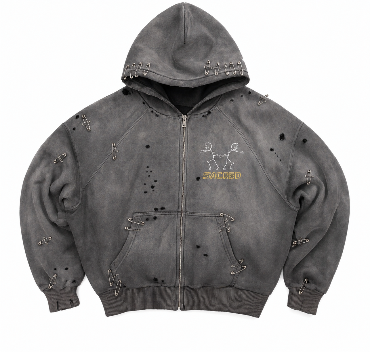 Vintage Grey Wash Distressed Zip Hoodie "7"