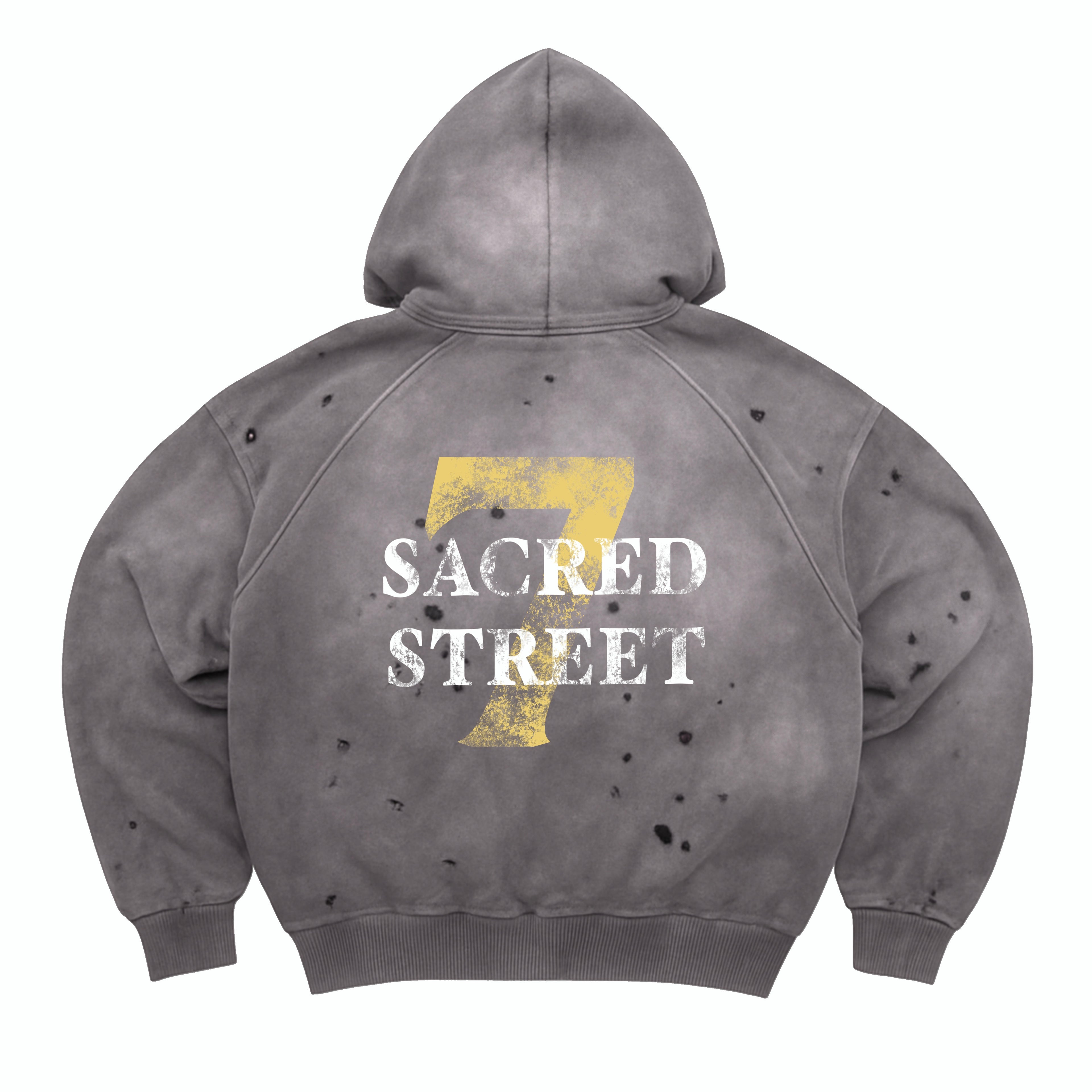 Vintage Grey Wash Distressed Zip Hoodie "7"